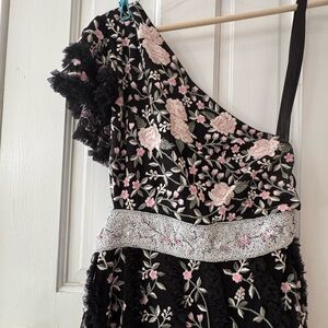 Mac Duggal Black Floral Gown with Pink Embroidery